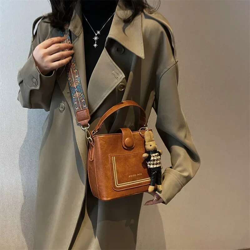 Vintage Simple Small PU Leather Bucket Crossbody Bag For Women 2024 Designer Fashion Lady Black Shoulder Handbag