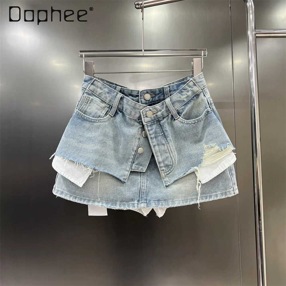 Chic Fe Two piece Open Cowboy Skirt Street Fashion Pocket Single Chest Mini Skirt Summer Full Set Fe ClothingXJ250320