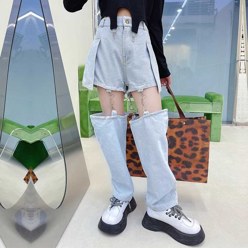 Fashionable Childrens Jeans Teens Girls Pants Hip Hop Hooks Split Jeans Shorts Spring Summer Kids Trousers Trend Wide-Leg JeansT250326
