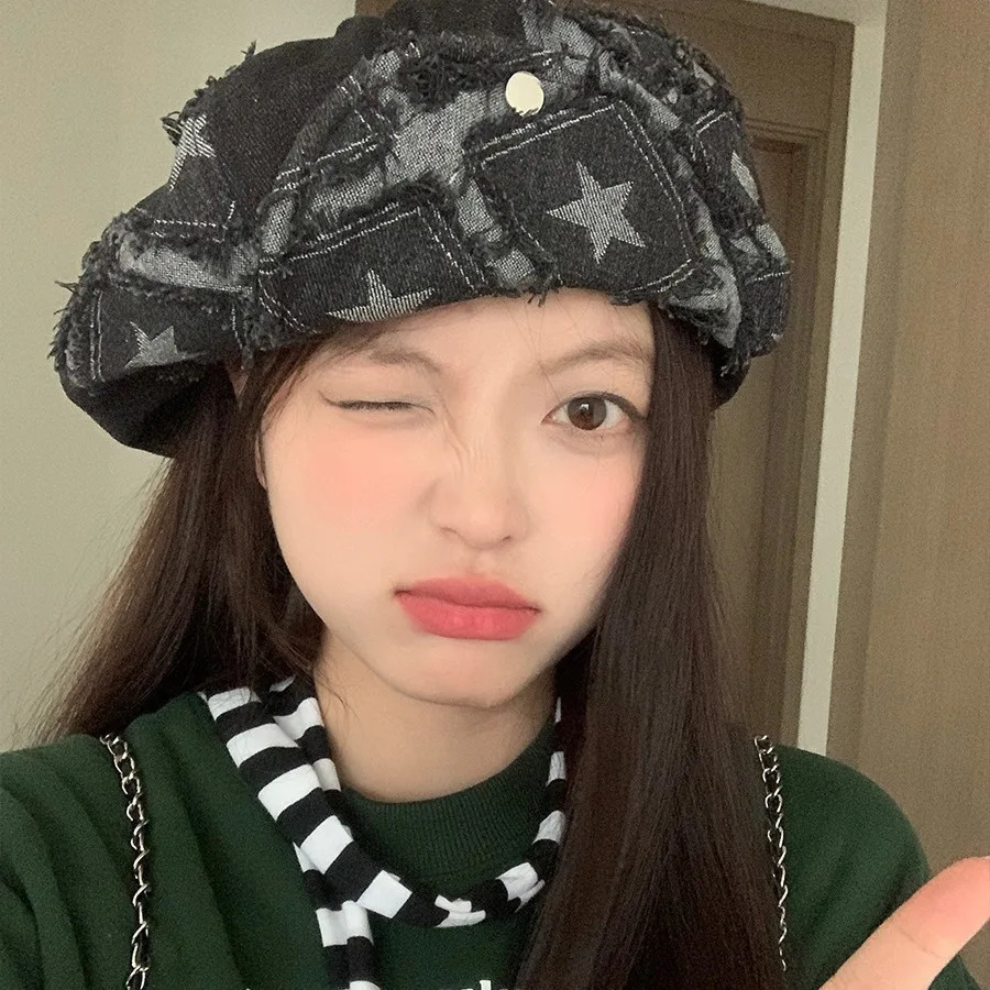 Denim Berets Caps Women Rough Edge Star Berets Showing Face Small Spring and Autumn Ins Retro Womens Hats 250320