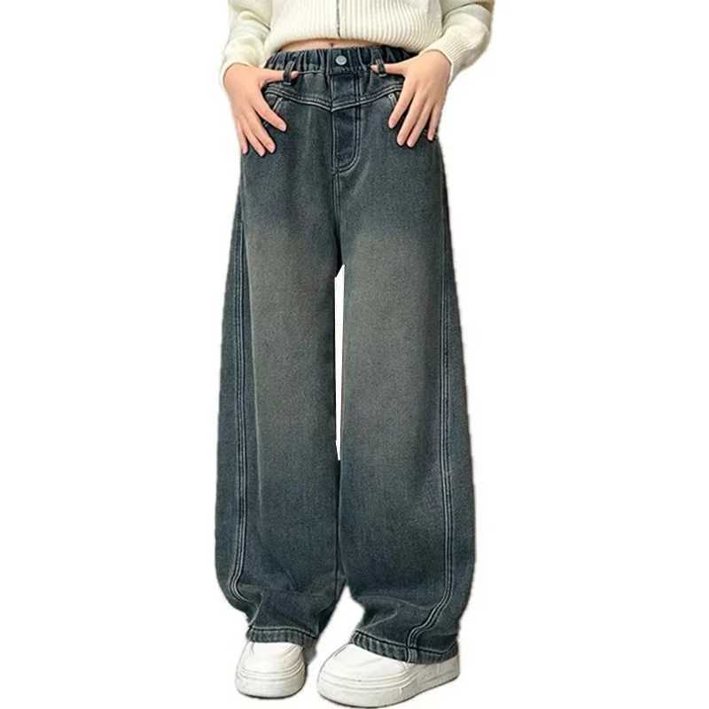 Childrens casual loose straight jeans suitable for girls with wide legs cool jeans children and teenagers spring elastic waist jeans TrouserT2502320