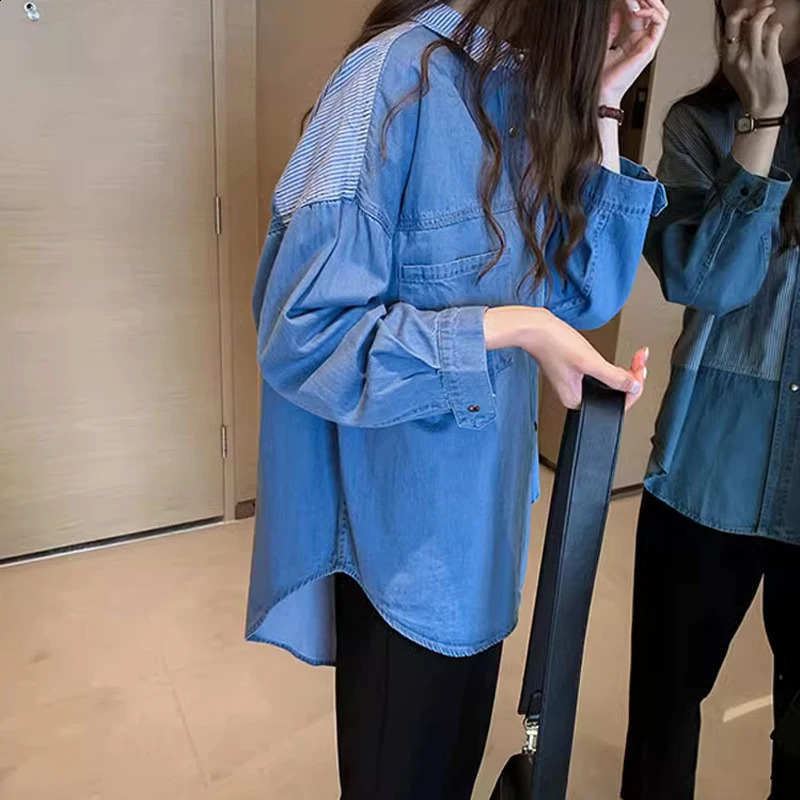 Womens Long Sleeve Denim Shirt Loose Cotton Blouse Turn Down Collar Dark Blue Tops Korean Fashion Autumn 7256 250319
