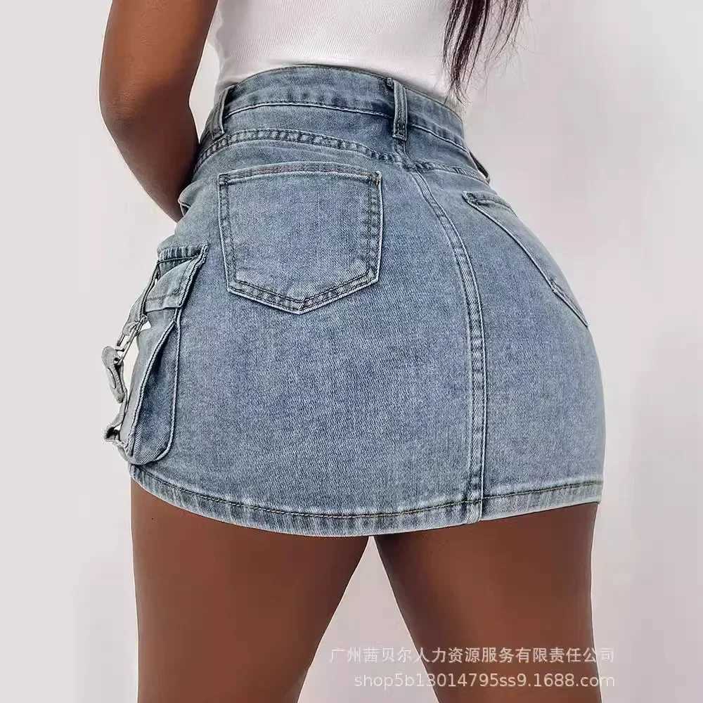Cowboy Tight Womens Short Jeans Y2k Cargo Tight Hip Bag Ele Splicing Skiing Casual Pocket Button Streetwear Sexy Summer 2024XJ250320