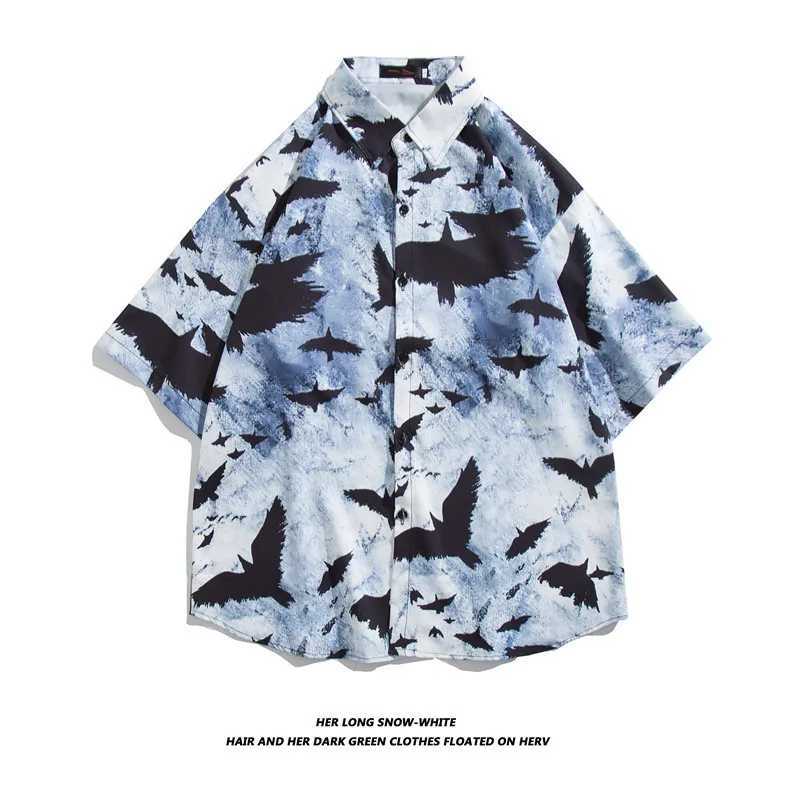 Mens street fashion summer daily shirt Hawaiian cartoon print casual loose shirt short sleeved beach loose top M250317