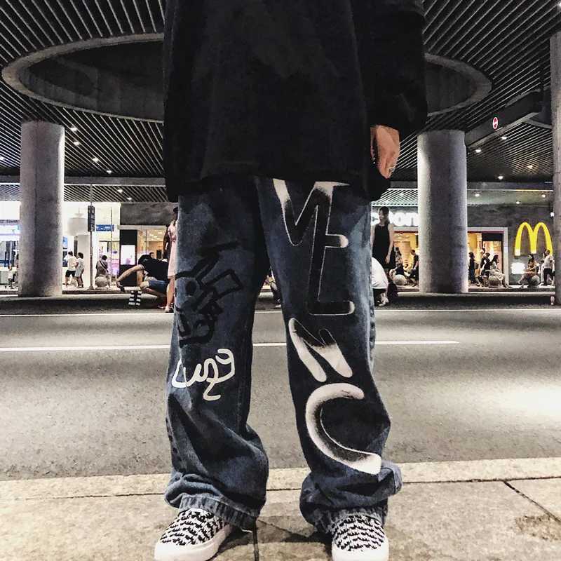 Painting hand drawing graffiti cartoon cartoon jeans mens high street oversized loose hip-hop Trouser street fashionT250319