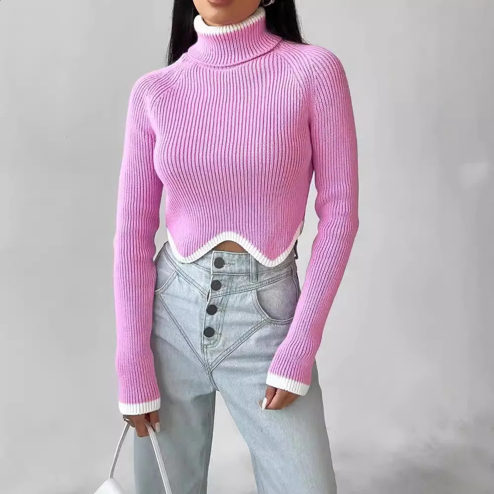 2024 Womens Selling High Collar Irregular Hem Long Sleeve Tight Sweater 250318