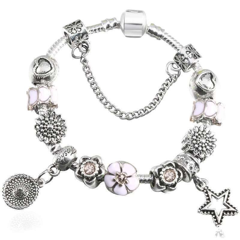Silver Color Charm Bracelets For Women With Flower Alloy Beads DIY Brand Bracelets Bangles Valentine's Day Jewelry Gift