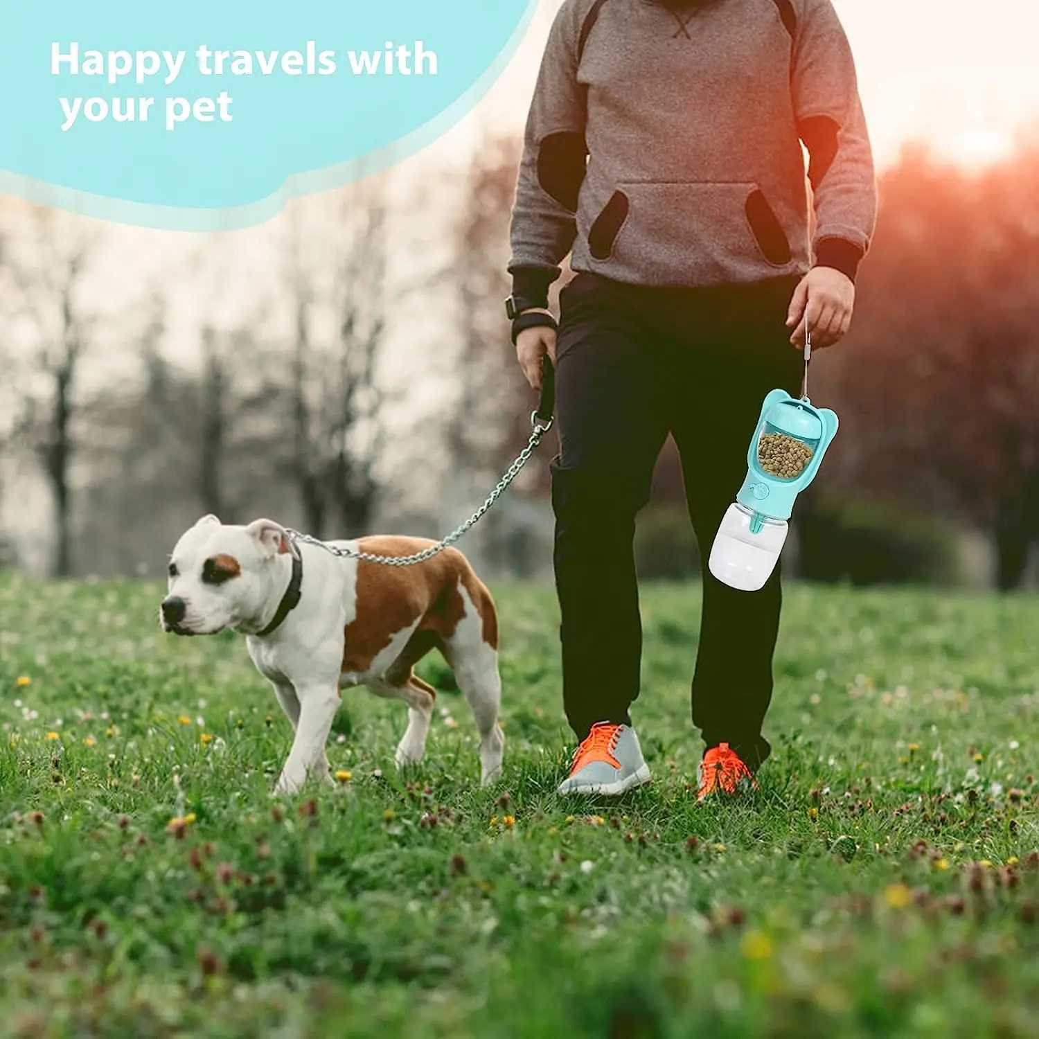 Dog water bottle pet dispenser with detachable food container leak proof lock used for hiking trips Y250319