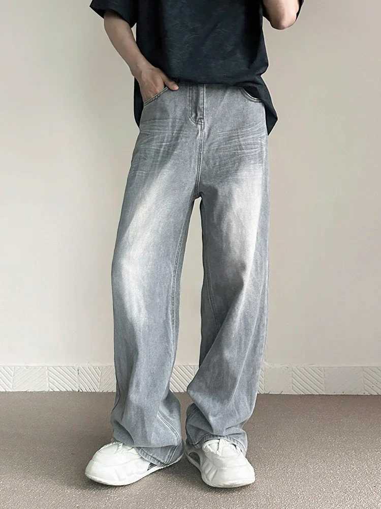 Mens Retro Grey Pocket Jeans Fashion Straight Harajuku Casual Y2k Pants High Street Wide Denim Trouser Mens Fashion BrandT250319