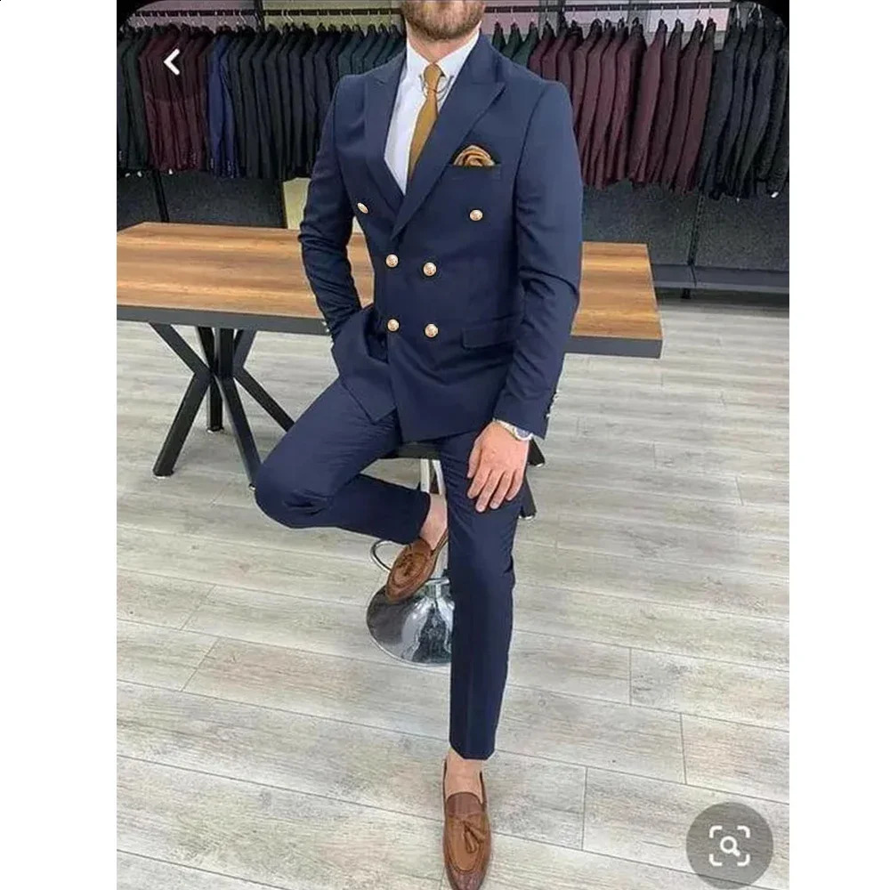 Mens Suit Navy Blue Lapel Double Breasted Elegant Groom Full Set 2 Piece Jacket Pants Skinny Costume Homme Terno 250311