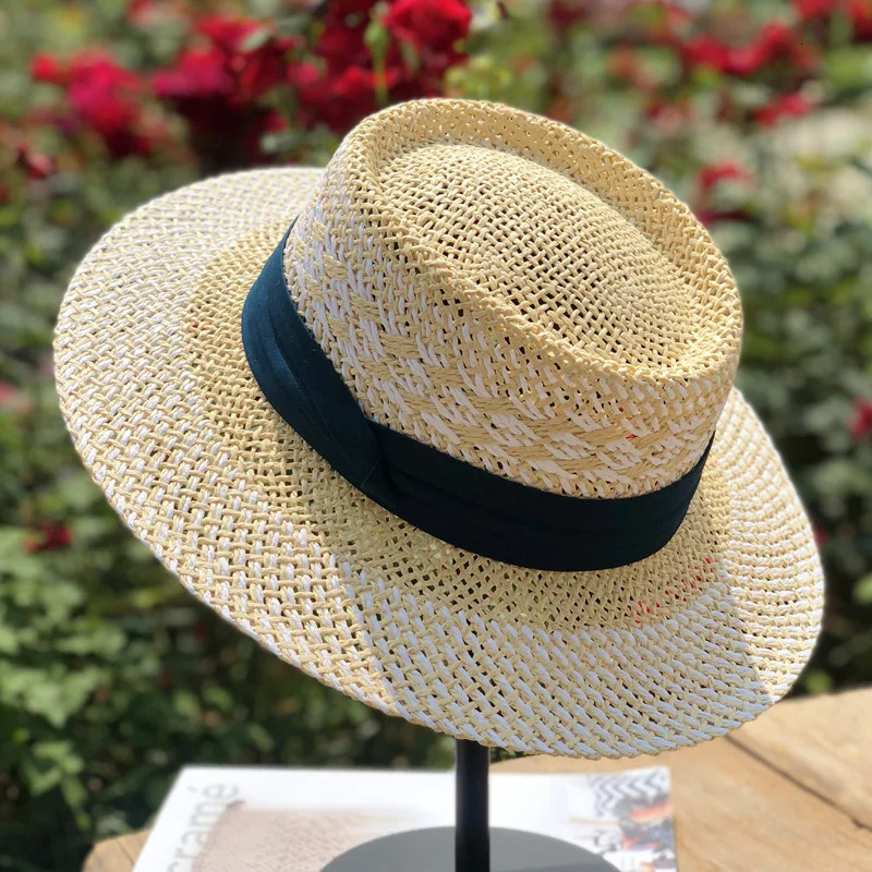 bohemian flat brim hat hand woven straw hat ladies summer vacation travel sun hat 250320