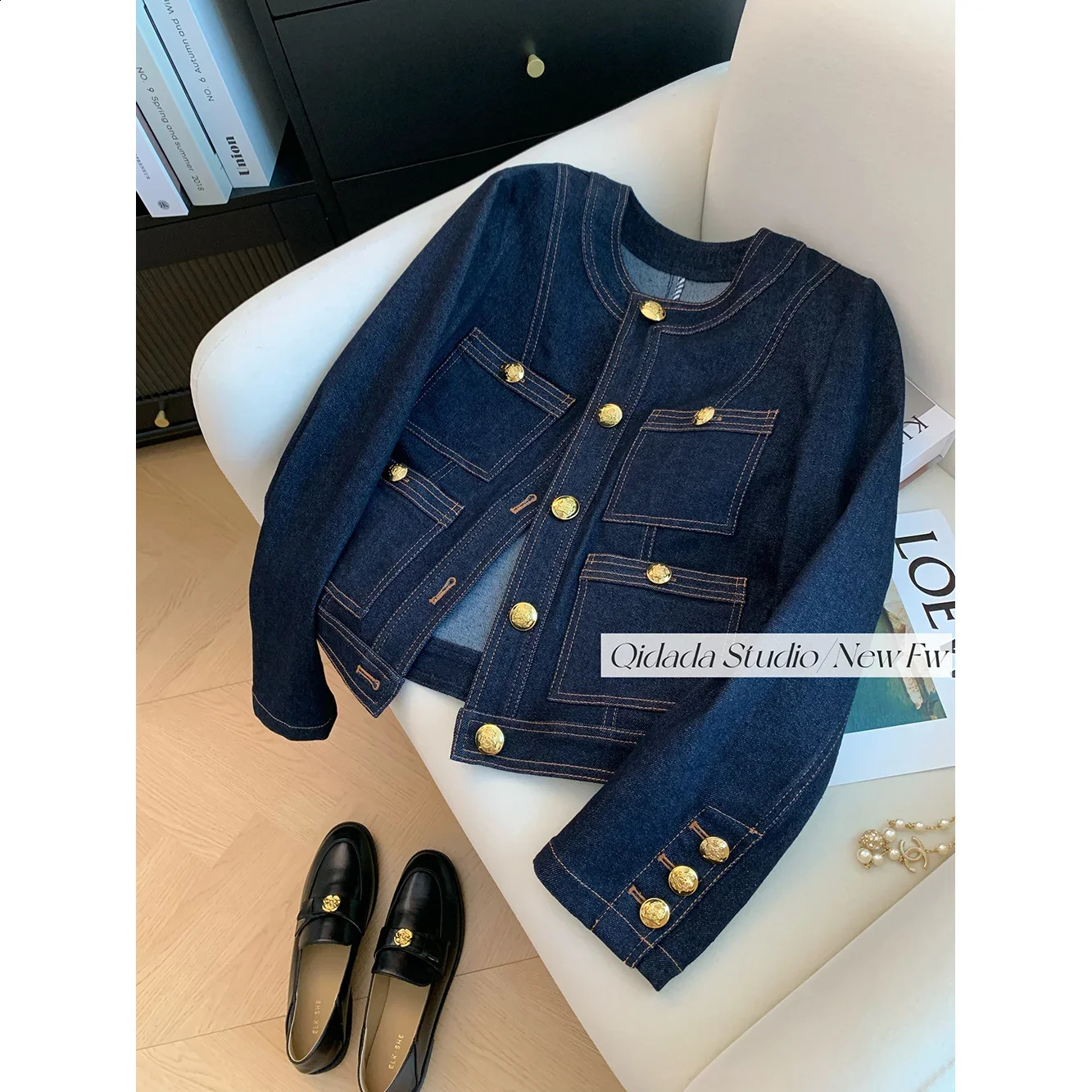 Blue round neck classic style denim jacket womens clothing spring/summer high-end short sleeved retro loose temperature 250317