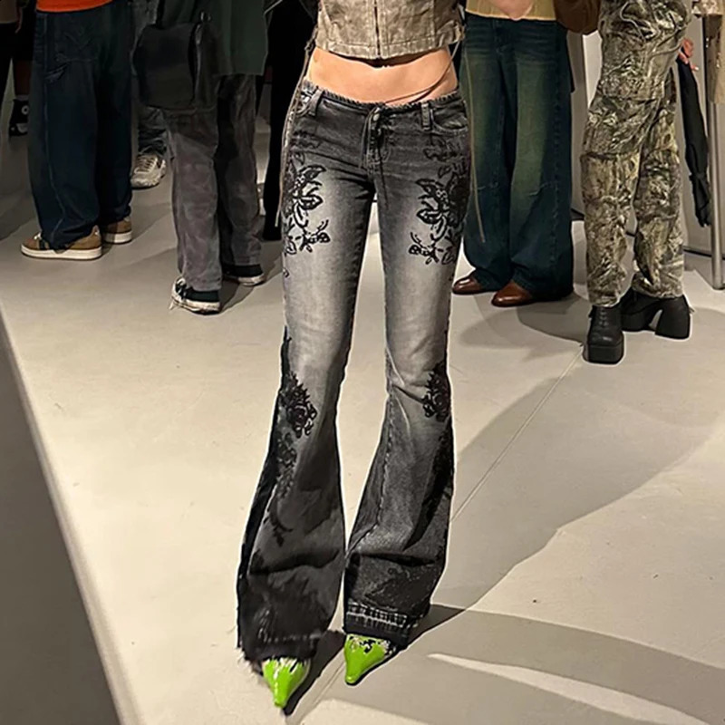 Rockmore Streetwear Low Rise Flare Jeans for Woman Y2K Aesthetic Print Jean Pants Vintage Washed Denim Trouser Grunge Fairycore 250319