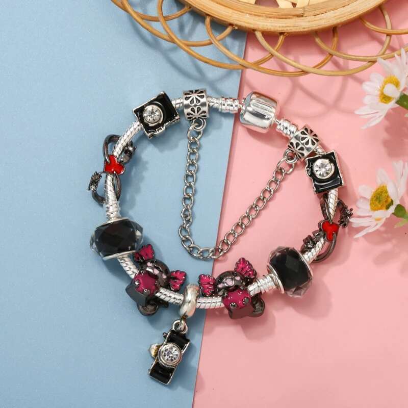 Silver Plated Black Charm Bracelet With Classics Camera Beads Bracelets Bangles For Women Men Girlfriend DIY Jewelry Gift