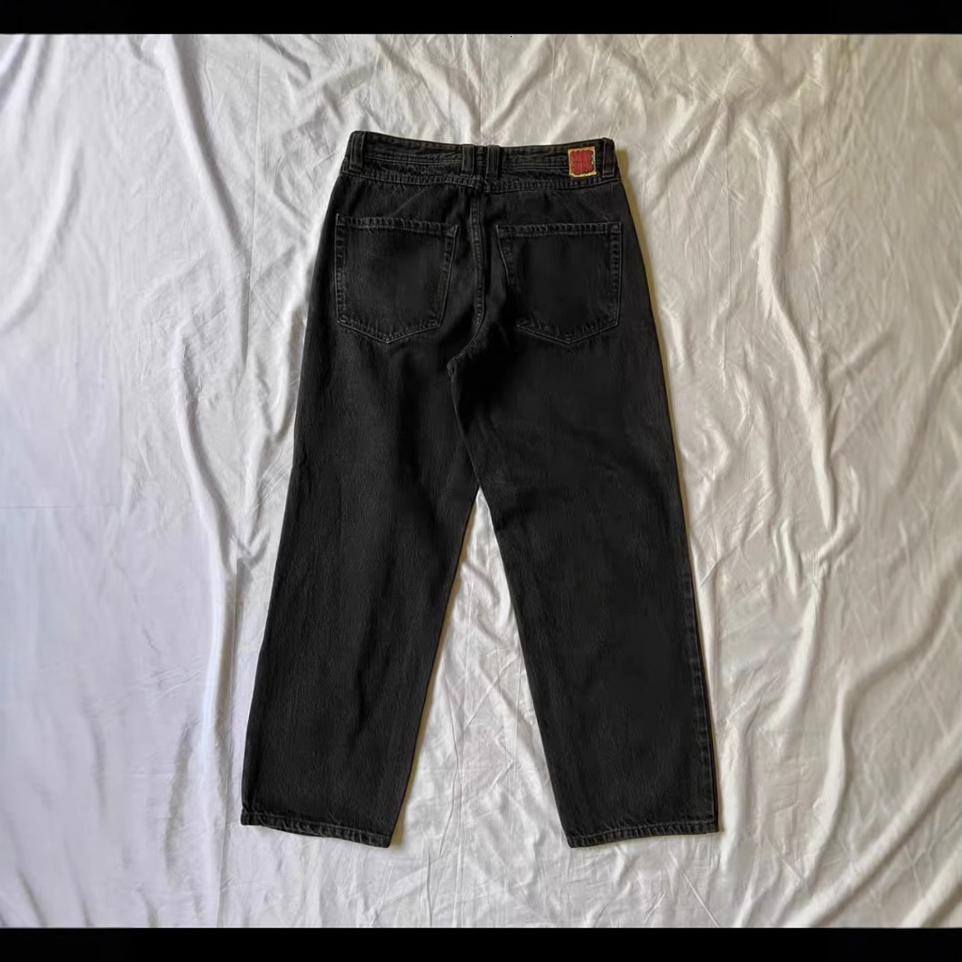 Men's Empire Cowboy Skateboard Solid Black Big Boy Jeans Embroidered Durable Straight Loose Pants
