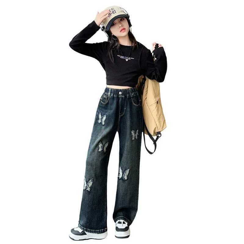 Autumn Teenage Girls Butterfly Embroidered Jeans Elastic Waist Teenage Children Wide Leg Pants Children Trouser Straight Leg JeansT250326