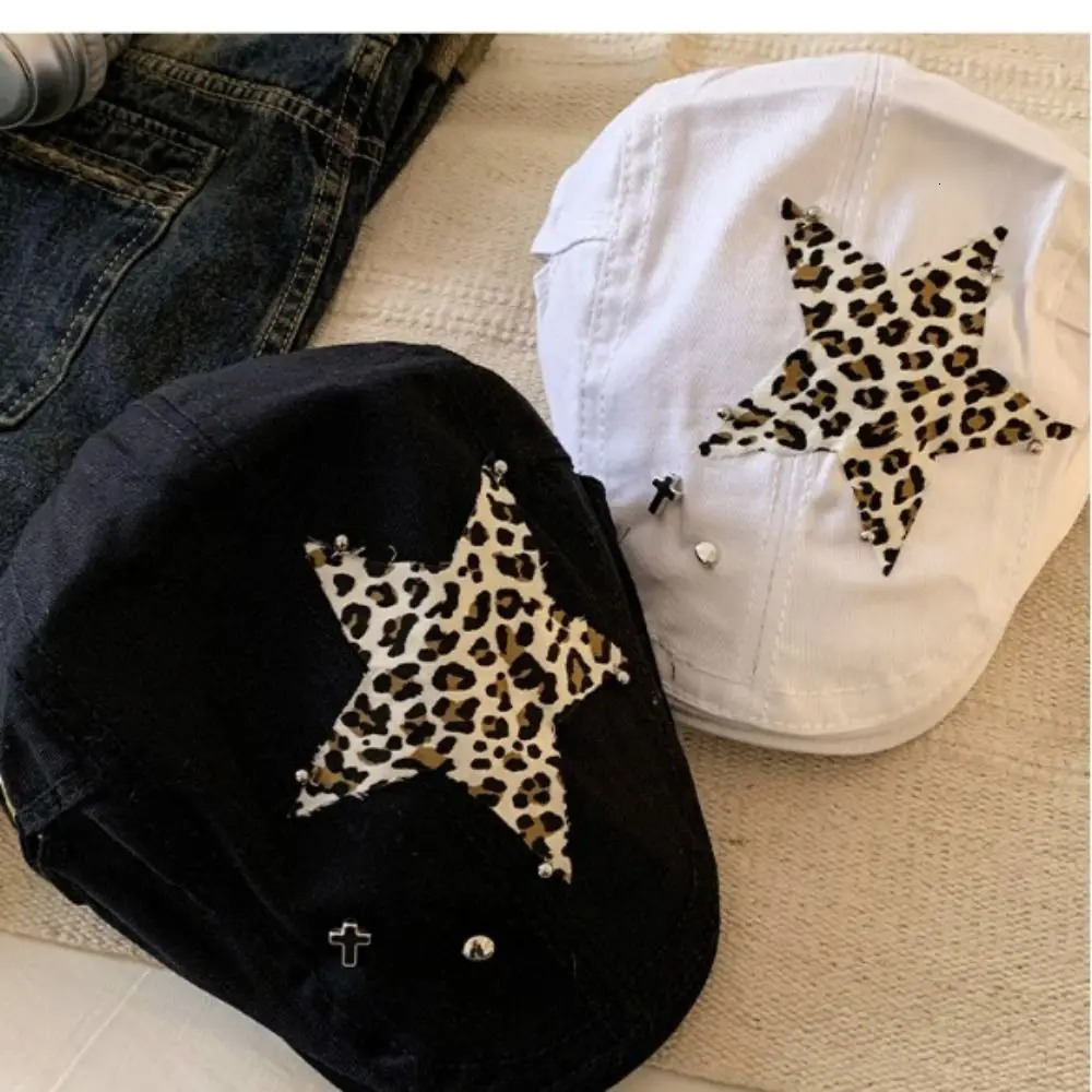 Retro Leopard Print Star Leopard Beret Y2K British Painter Hat sboy Caps Korean Style Peaked Cap Streetwear 250320
