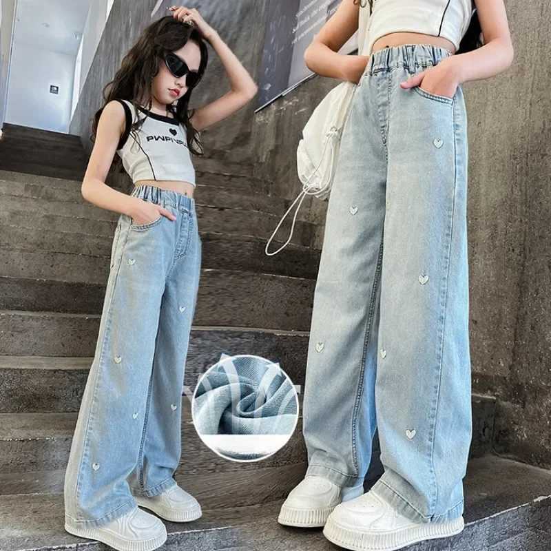 Girls Love Embroidered Wide-leg Pants Summer Thin Fashion 2024 Girls Light Jeans Wear Simple and FashionableT250326