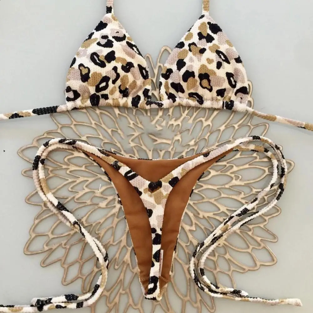 Breathable Swimsuit Leopard Print Halter Bikini Set Cherry Print Thong Swimsuit Sexy High Waist Lace-up Bathing Suit for Women 250319