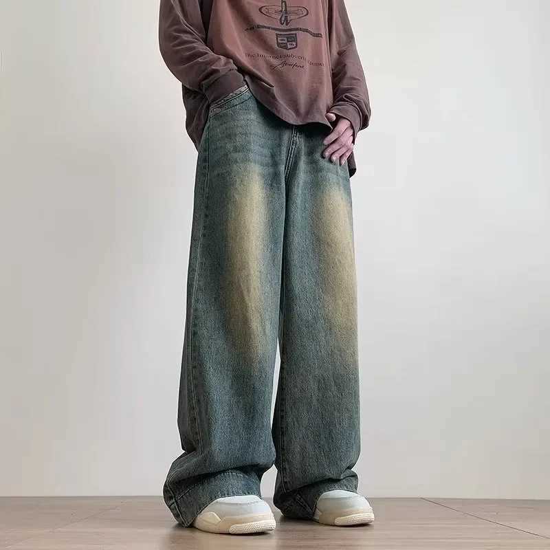 Mens denim pants blue wide leg pants vintage luggage Trouser streetwear design jeans casual solid spring and autumn jeansT250319