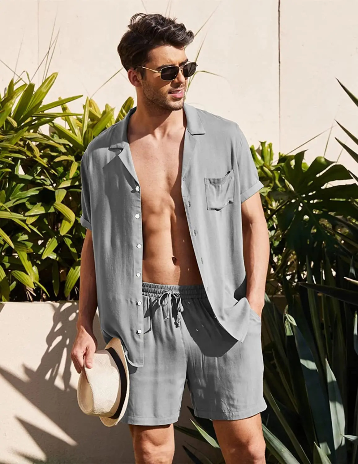 Summer cotton linen shirt set mens casual sports 2-piece set and family clothing sleepwear comfortable and breathable beach short sleeved set 250314