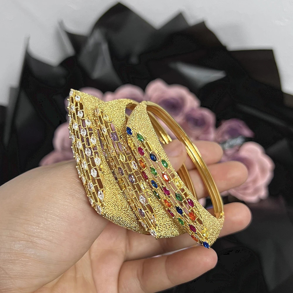 Dubai Gold Color Jewelry Set Colored Stone n Hand Bracelet Weddings Bride Hand Bracelet with Finger Ring 2Pcs Set Brazilian 250320