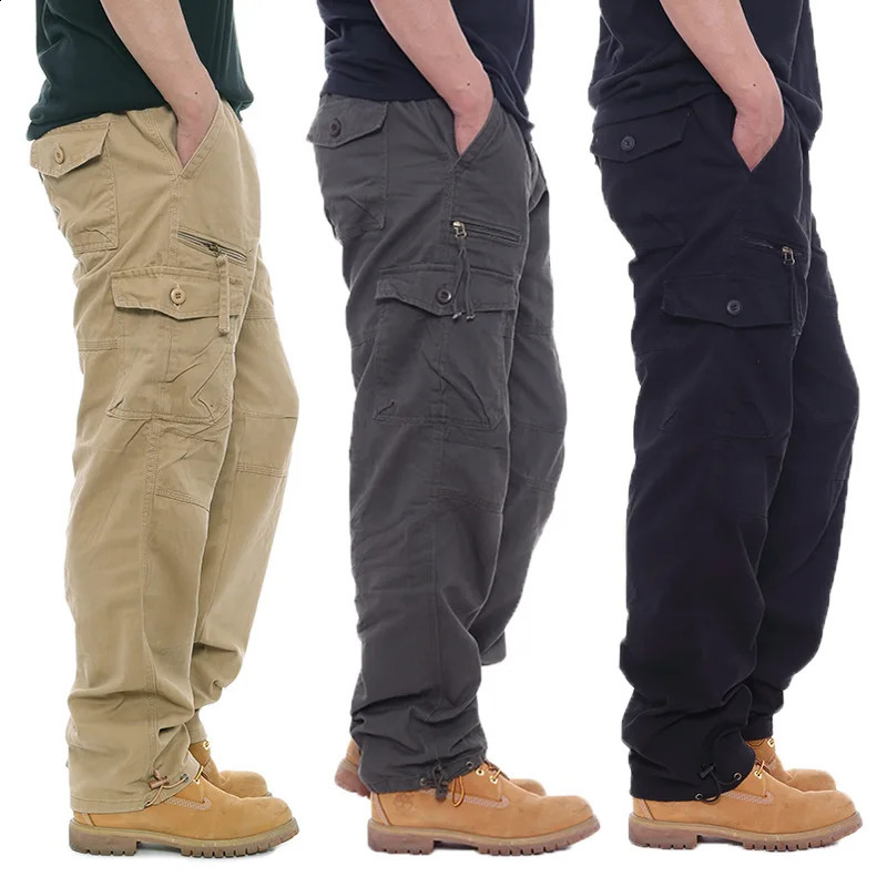 cargo pants mens 100% cotton multi pocket elastic waist casual traveler outdoor hiking and mountaineering 250317