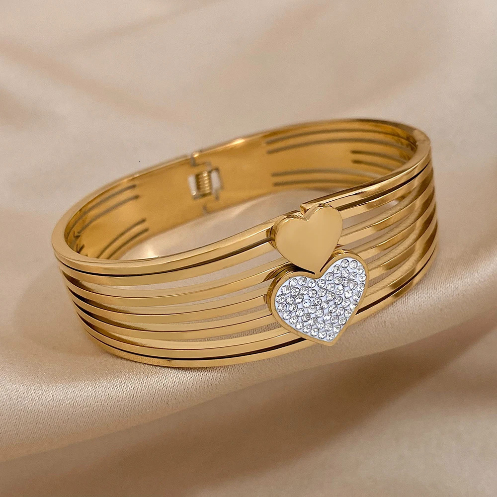 ALLYES n Chic Small Big Rhinestone Love Heart Wide Stainless Steel Bangles Bracelet Charm Gold Color Accessories Gift 250320