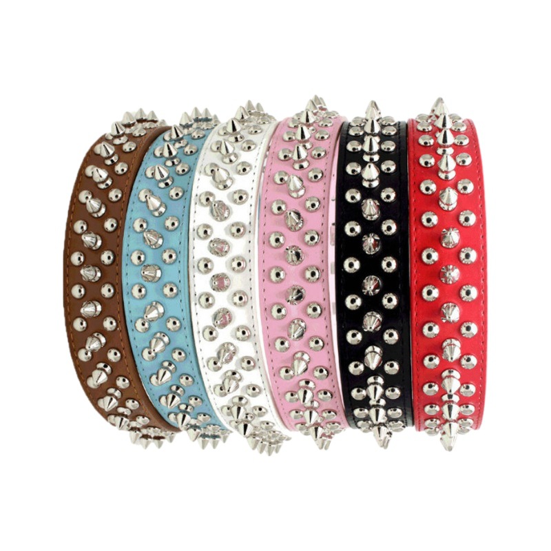Hot selling explosive punk style cool leather thickened metal spikes anti bite adjustable pet dog collar, suitable for outdoor walks