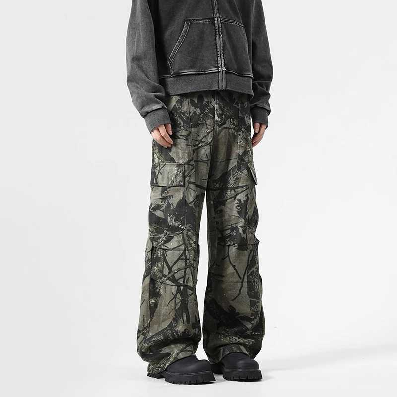 Vintage Leaf Pattern Camouflage Cargo Pants High Street Tide Design Tie-Dye Trousers Side Large Pockets Baggy Casual PantsT250319