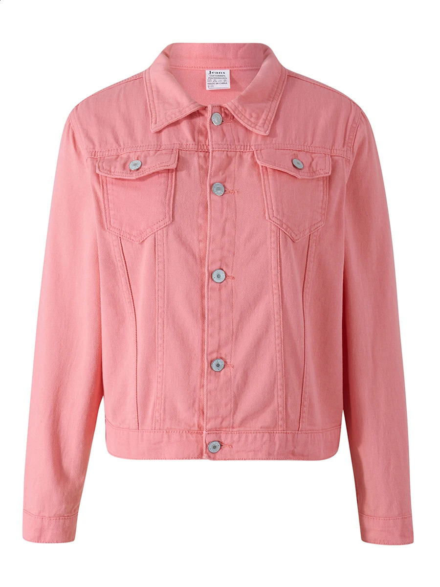 Denim jacket womens solid color black blue yellow pink casual long sleeved button down chest pocket jeans jacket 250317