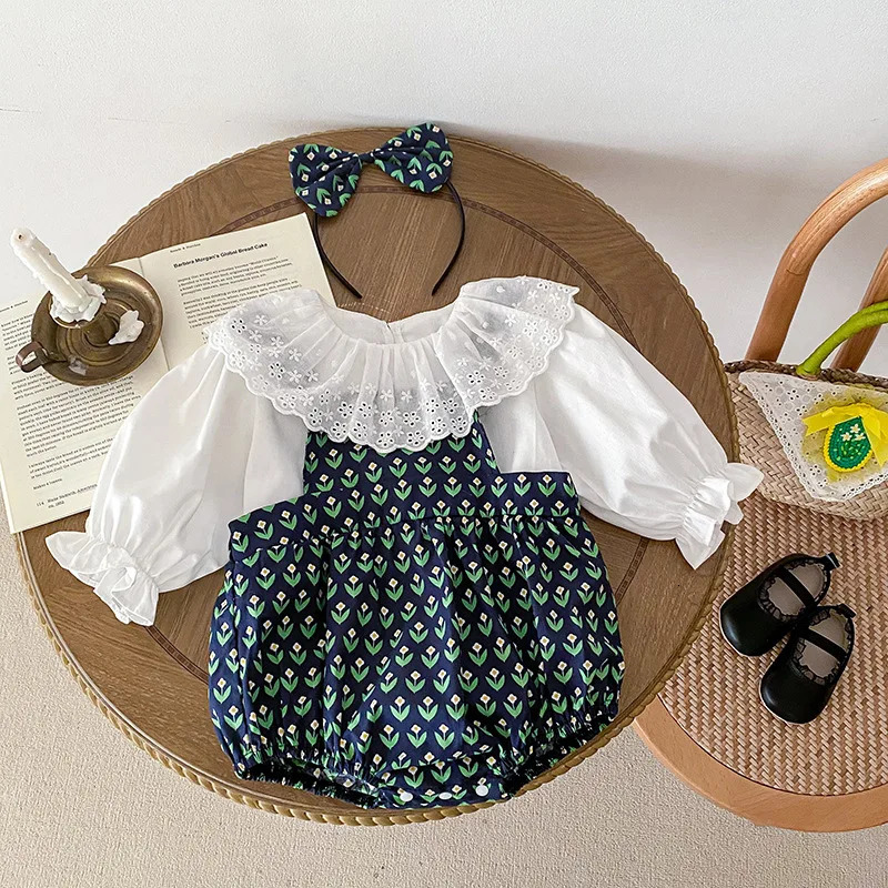 Autumn Korea Baby Girls 2PCS Clothes Set Cotton Solid Lace Collar Shirts Flower Printed Suspender Romper Suit Infant Girl Outfit 250319