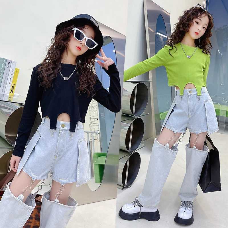 Fashionable Childrens Jeans Teens Girls Pants Hip Hop Hooks Split Jeans Shorts Spring Summer Kids Trousers Trend Wide-Leg JeansT250326