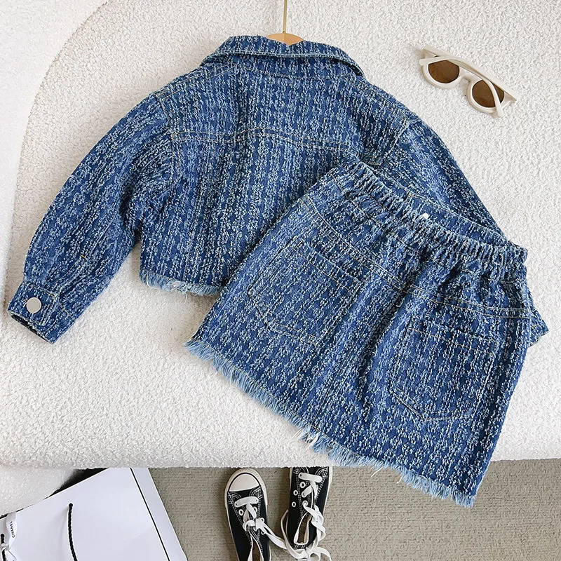 2014 SpringSummer Long Sleeve Girls Hong Kong Style Cowboy Jacket Short Two Piece Set 250319