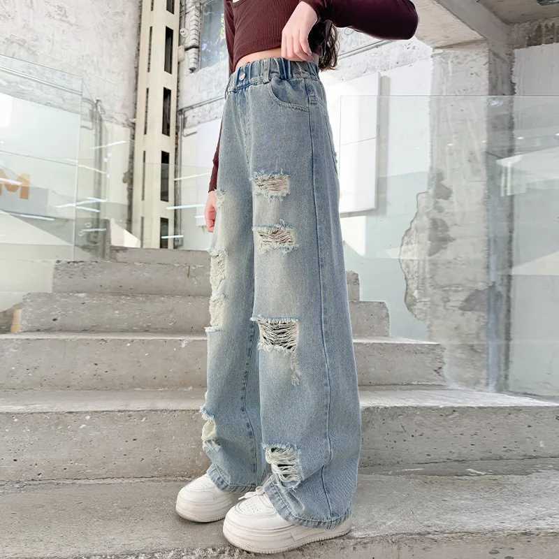 Cowgirl Ripped Jeans With Hole Kids Girls Casual Style Destroyed Denim Pants Spring Autumn Child High Street Trousers ClothesT250326