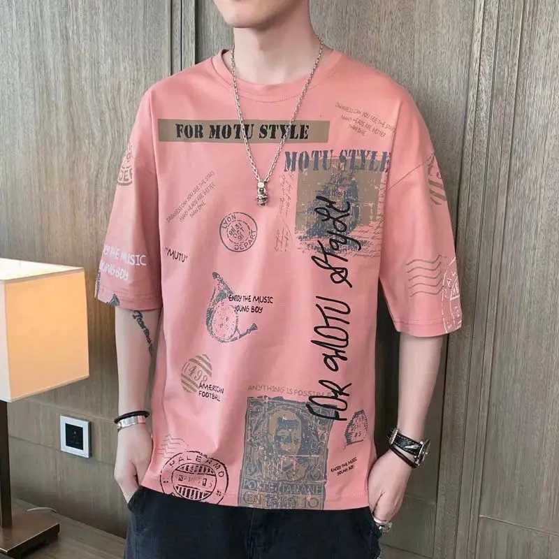 Summer Hong Kong Breeze Fashion Casual Printed Short Sleeve Round Neck Trend Mens Clothing Loose Simplicity Commute T-shirtT250319