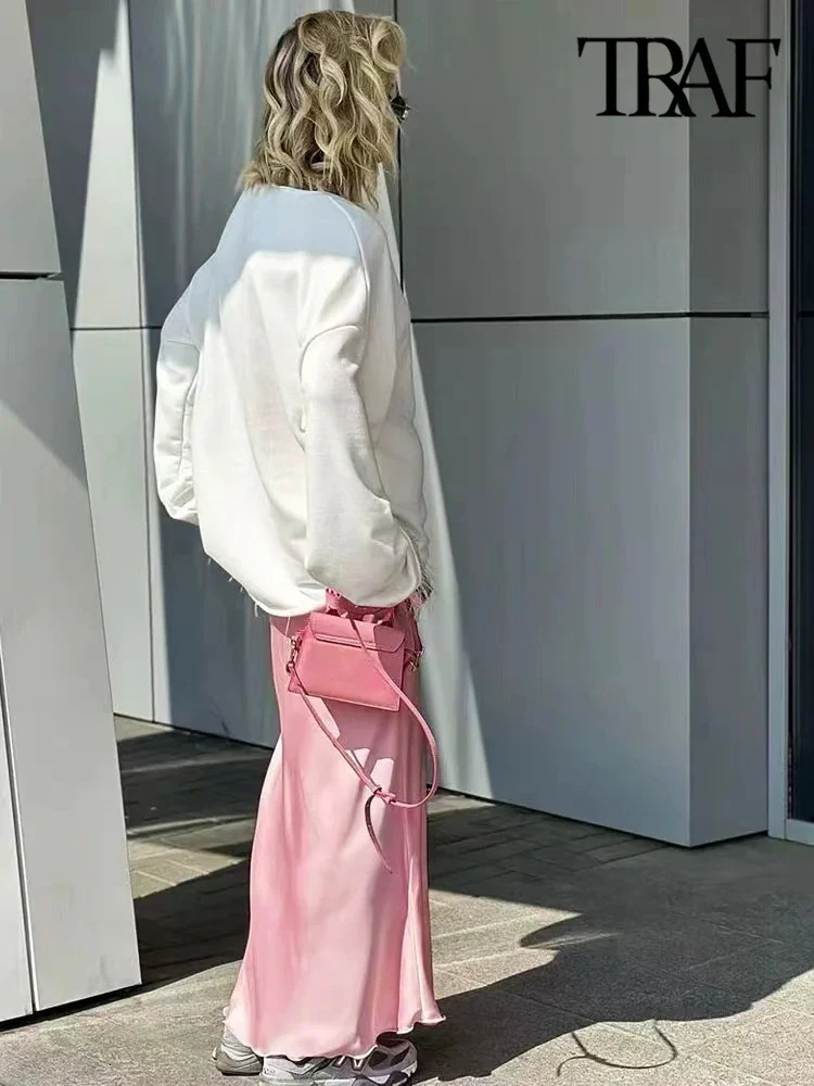 Womens Flowing Satin Midi Skirt High Waist With Elastic Waistband Female Skirts Chic Fashion 250320