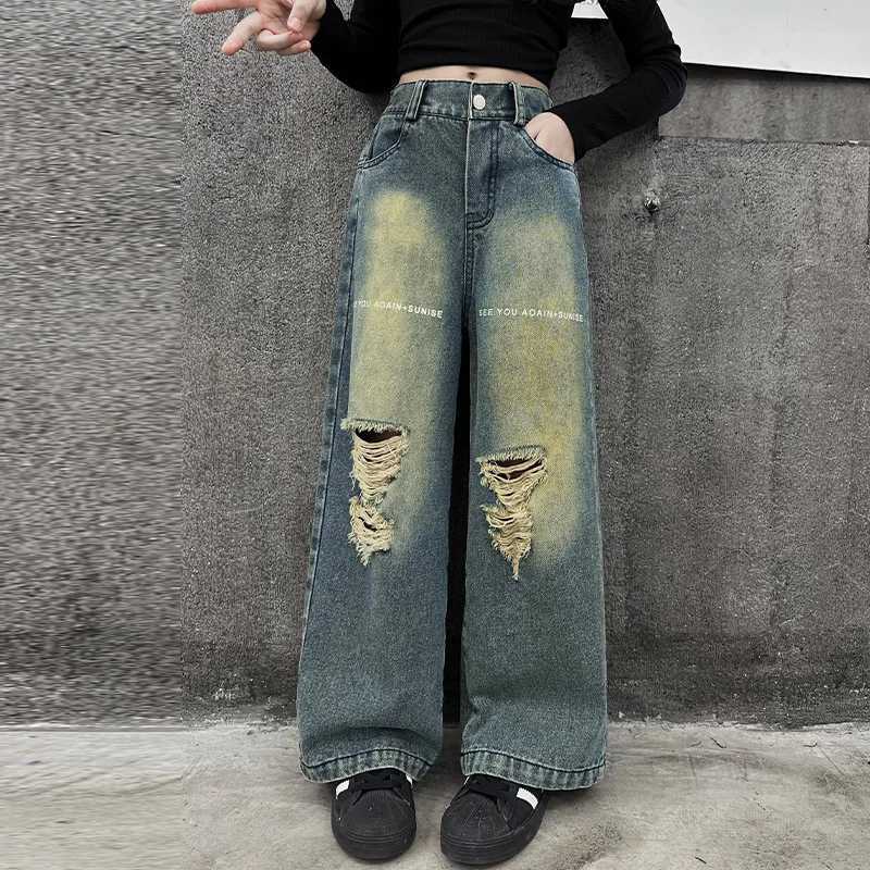 2024 Autumn Fashion Loose Straight Pants for Girls Hole Wide Leg Jeans for Teenagers 100 Casual Streetwear Simple Childrens Trojan HorseT250326