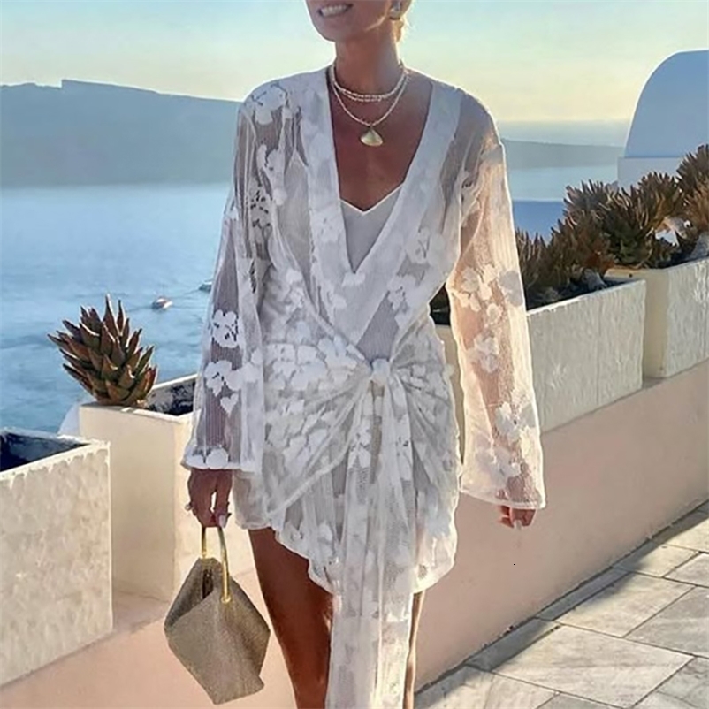 Vintage Print Floral Lace Beach Cover-up Dress Sexy Ladies Deep V Knot Mini Dress Casual Women Long Sleeve Solid Vocation Dress 250319