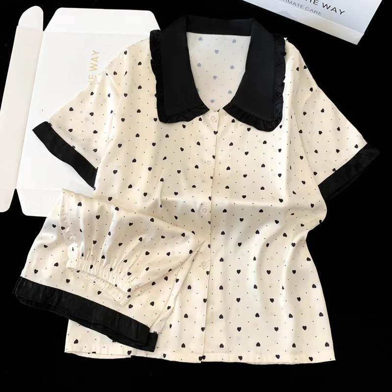 Summer Ladies Ins Cute Doll Collar Polka Dot Love Print Pajamas Loungewear Set Ice Silk Short Sleeve Short Pants Leisure Suit 250320