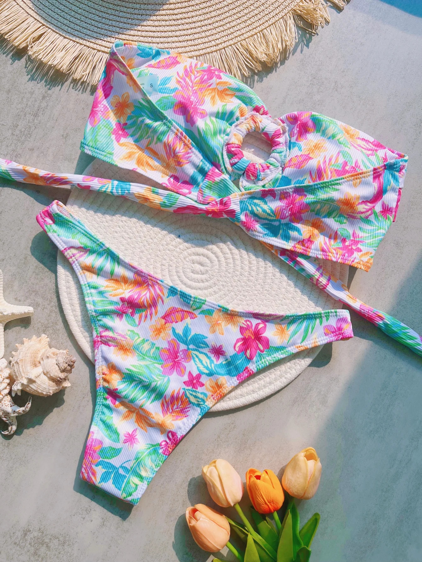 Factory printed Bandeau long leg cut bikini womens swimsuit twopiece set bathroom 250319