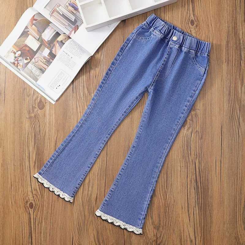 2025 Childrens Baby Girls Spring Jeans Elastic Childrens Bell Bottom Lace Bow Heart Pants Denim Autumn Trousers 4 5 8 10 12 13 Years OldT2502320