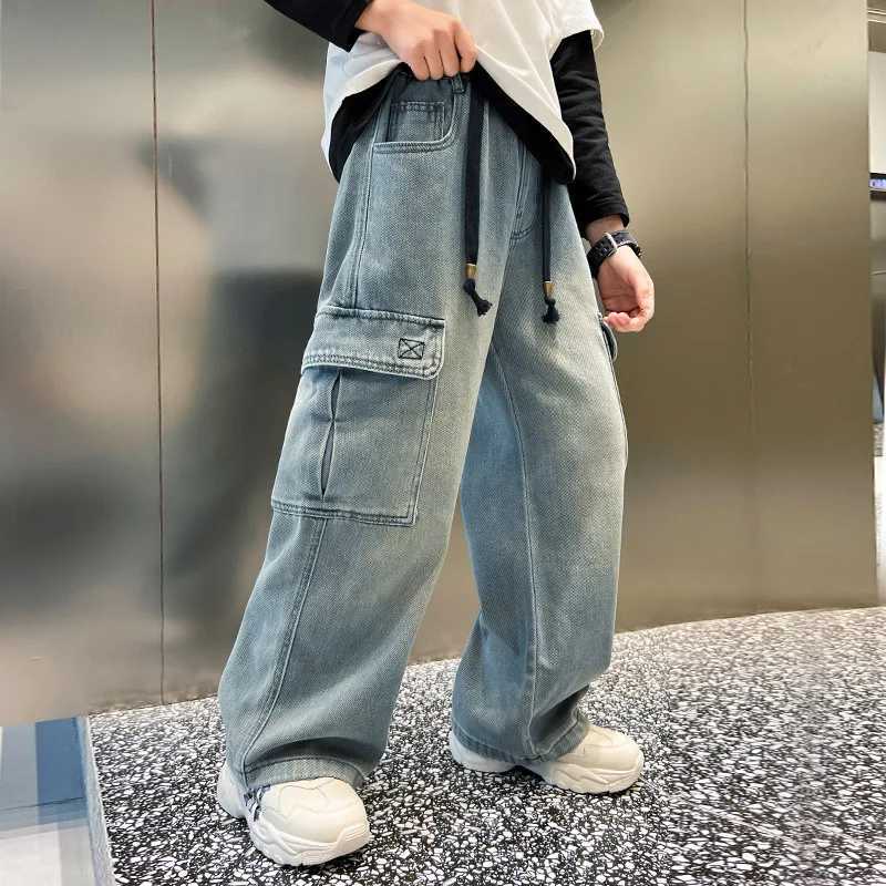 Teen Boys Straight Leg Cargo Jeans New Spring/Autumn Kids Wide Leg Denim Long Pants for Children Loose Pockets Trousers 5 14 YrsT250326
