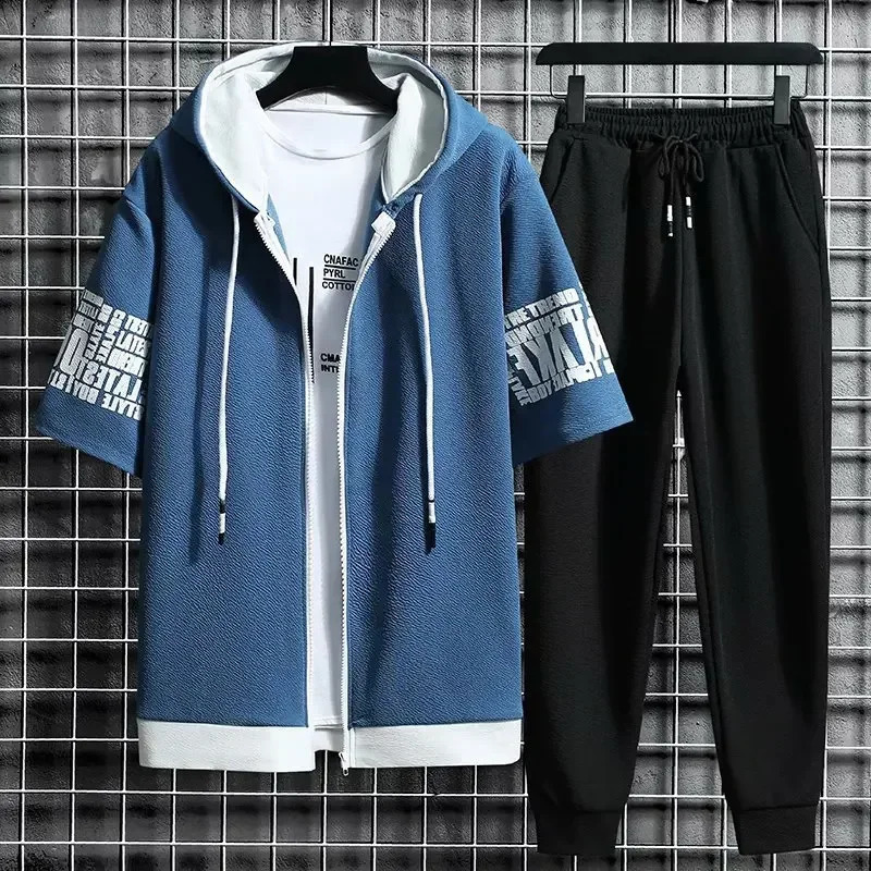 Set for Men Summer Mens Sports Suit 2-piece Print T-shirt Casual Hooded Quick Dry Running Long Pant Clothes Short Sleeve Shorts 250319