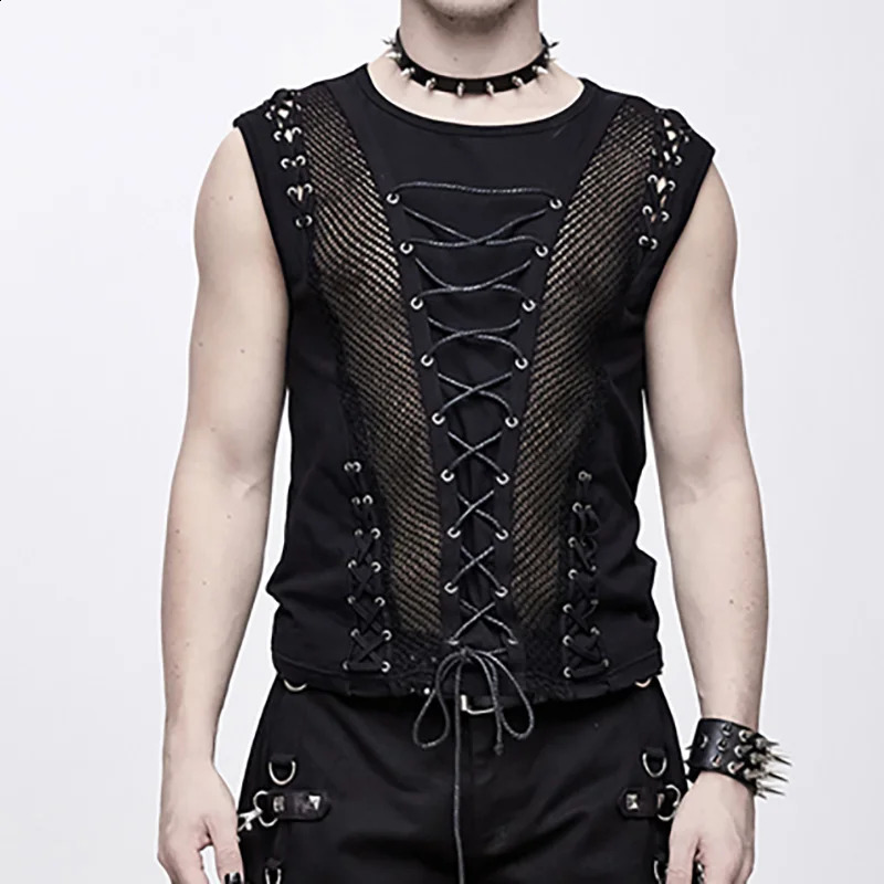 Summer Fashion Rock Punk Sleeveless T-shirt Hollow Belt Mens Tank Top Sexy Performance Transparent Tank Top 250318
