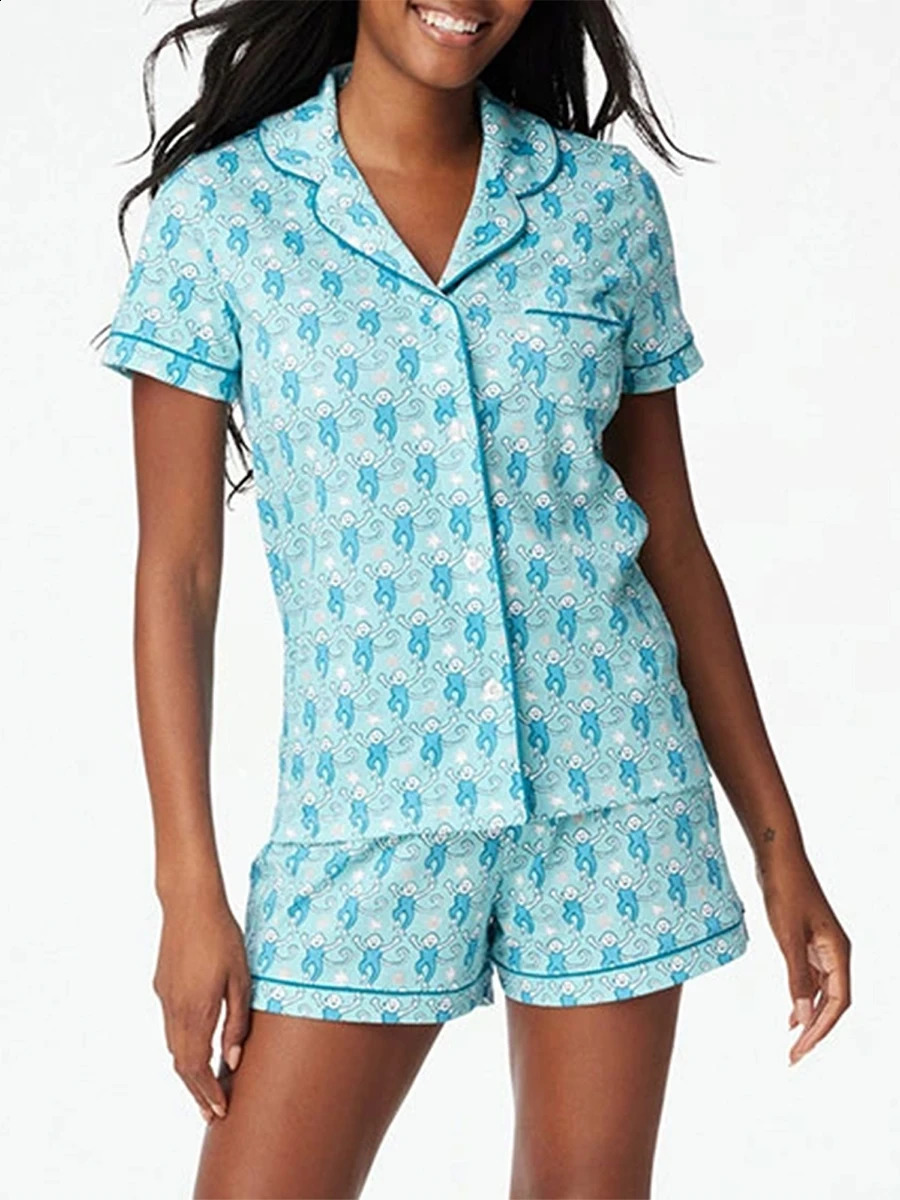 Women Pajama Set 2 Piece Set Monkey Cartoon Print Short Sleeve Button Closure T-Shirt Shorts Home Sleepwear Matching Outfits 250319