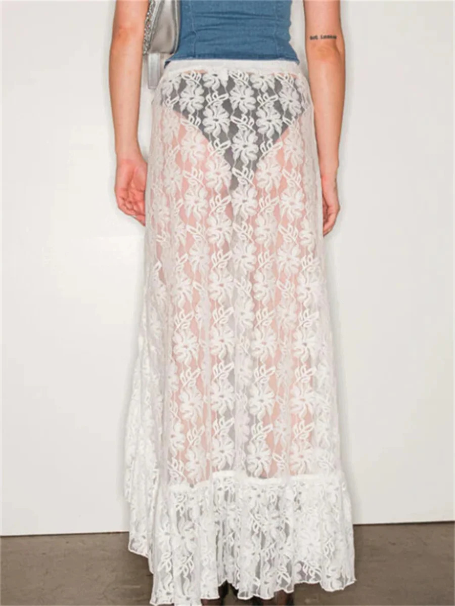 Women Sheer Mesh Y2k Lace Skirt See Through Vintage Fairy Grunge Lace Floral Ruffle Irregular Hem Maxi Skirt Trendy Streetwear 250320