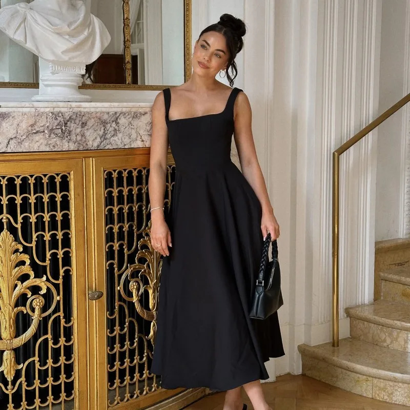 Oshfall European and American cross-border summer solid square neck sleeveless suspenders long fashion womens dress 250319