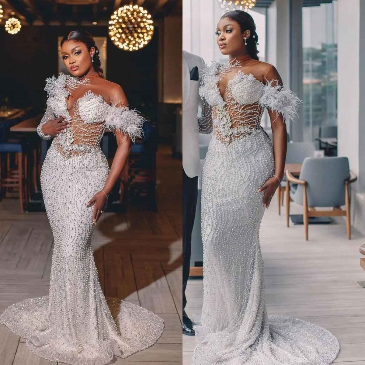 Elegant Mermaid Wedding Dresses Pearls Feather Beading O Neck Bride Dress Sheath Sweep Train Bridal Dress Customized