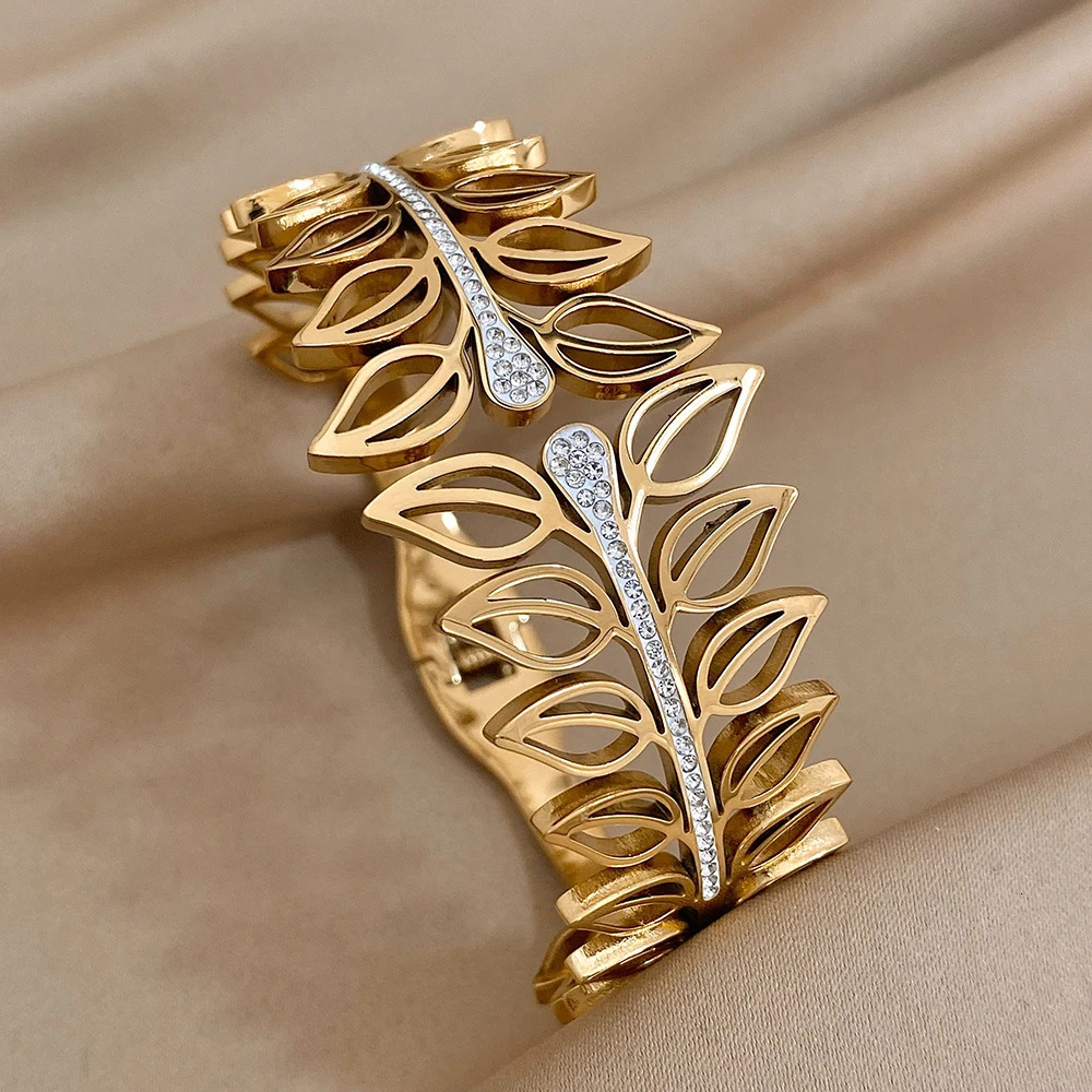 Greatera 316L Stainless Steel Hollow Leaves Cuff Bracelet Wide Bangles for Women Gold Plated Rhinestone Charm Bracelet Jewelry 250320